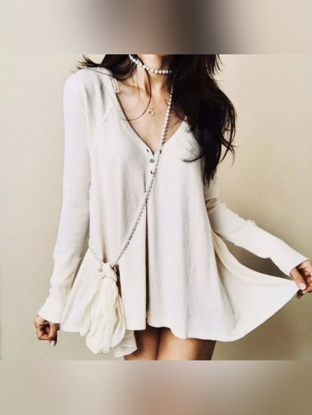 Free People small cream Citrine thermal tunic Henley boho hippie grunge